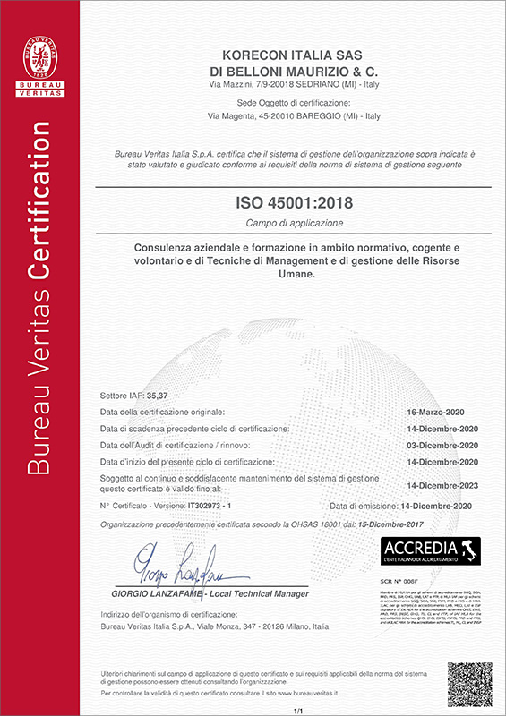Certificato per il Sistema di Gestione per la Salute e Sicurezza sul lavoro UNI ISO 45001:2018 korecon italia