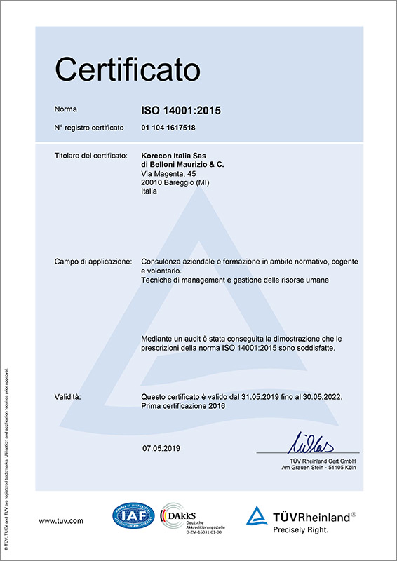 certificato ISO 14001 2015 korecon italia
