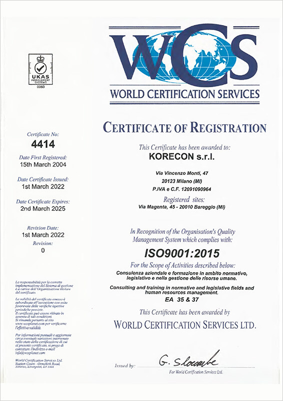 certificato qualita ISO 9001 2015 korecon